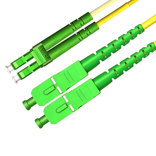 LC APC SC APC, LC/APC Connector Duplex to SC APC Connector Duplex, Single Mode Fiber(G657A1), 2.0mm, Tight-Buffered, Yellow, Riser (OFNR), 0.2m (0.65ft)-30m (98.43ft)
