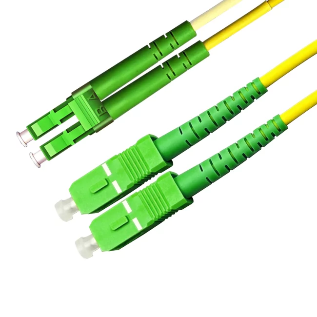 LC APC SC APC, LC/APC Connector Duplex to SC APC Connector Duplex, Single Mode Fiber(G657A1), 2.0mm, Tight-Buffered, Yellow, Riser (OFNR), 0.2m (0.65ft)-30m (98.43ft)